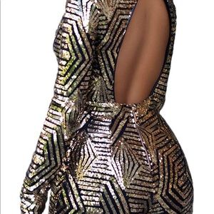 Gold Sequin long sleeve open back romper